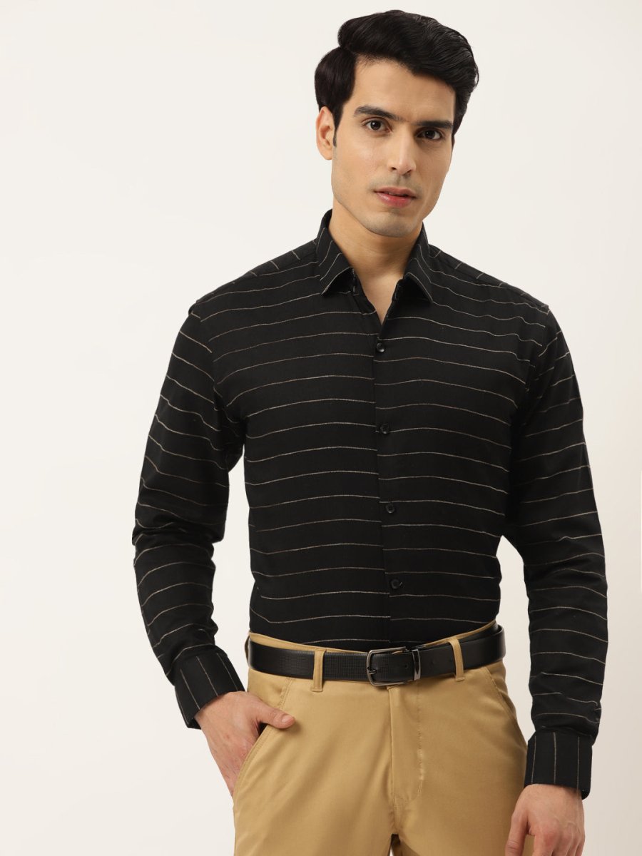Indian Needle Men's Formal Cotton Horizontal Striped Shirt - SF_790Black_S