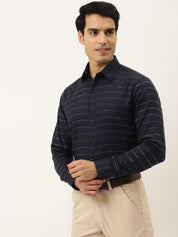 Indian Needle Men's Formal Cotton Horizontal Striped Shirt - SF_790Navy_S