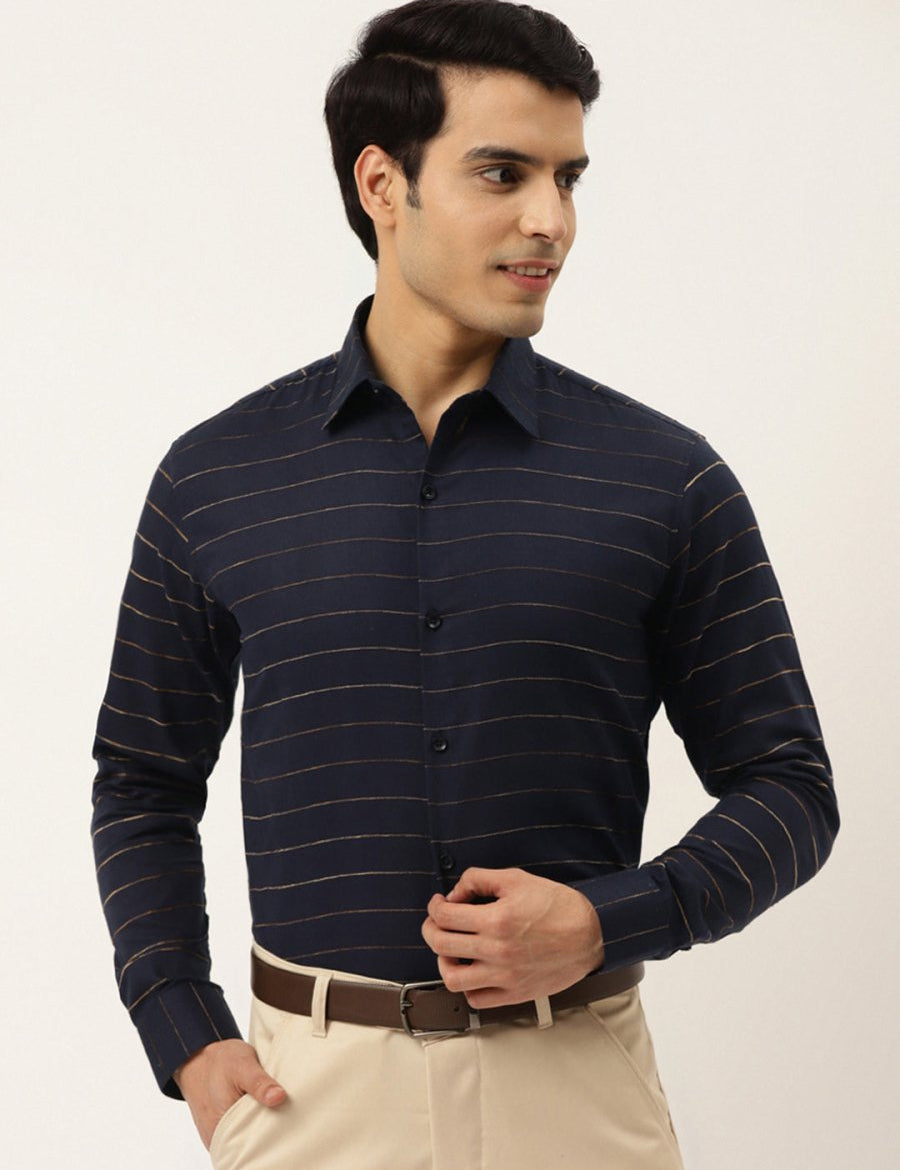 Indian Needle Men's Formal Cotton Horizontal Striped Shirt - SF_790Navy_S