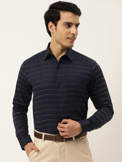 Indian Needle Men's Formal Cotton Horizontal Striped Shirt - SF_790Navy_S