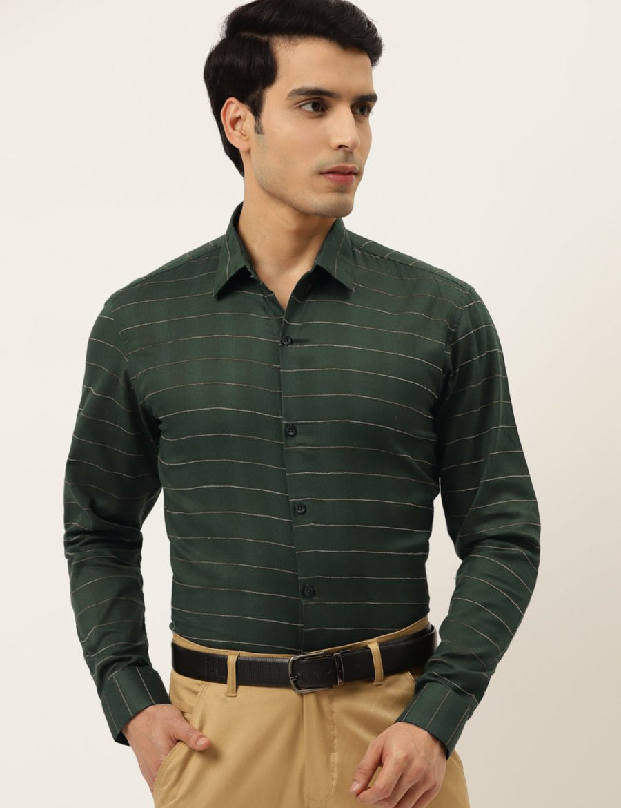 Indian Needle Men's Formal Cotton Horizontal Striped Shirt - SF_790Olive_S