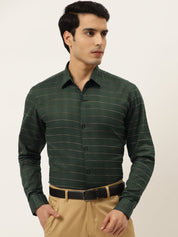 Indian Needle Men's Formal Cotton Horizontal Striped Shirt - SF_790Olive_S