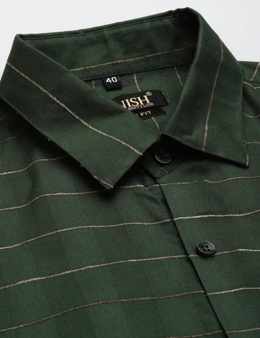 Indian Needle Men's Formal Cotton Horizontal Striped Shirt - SF_790Olive_S
