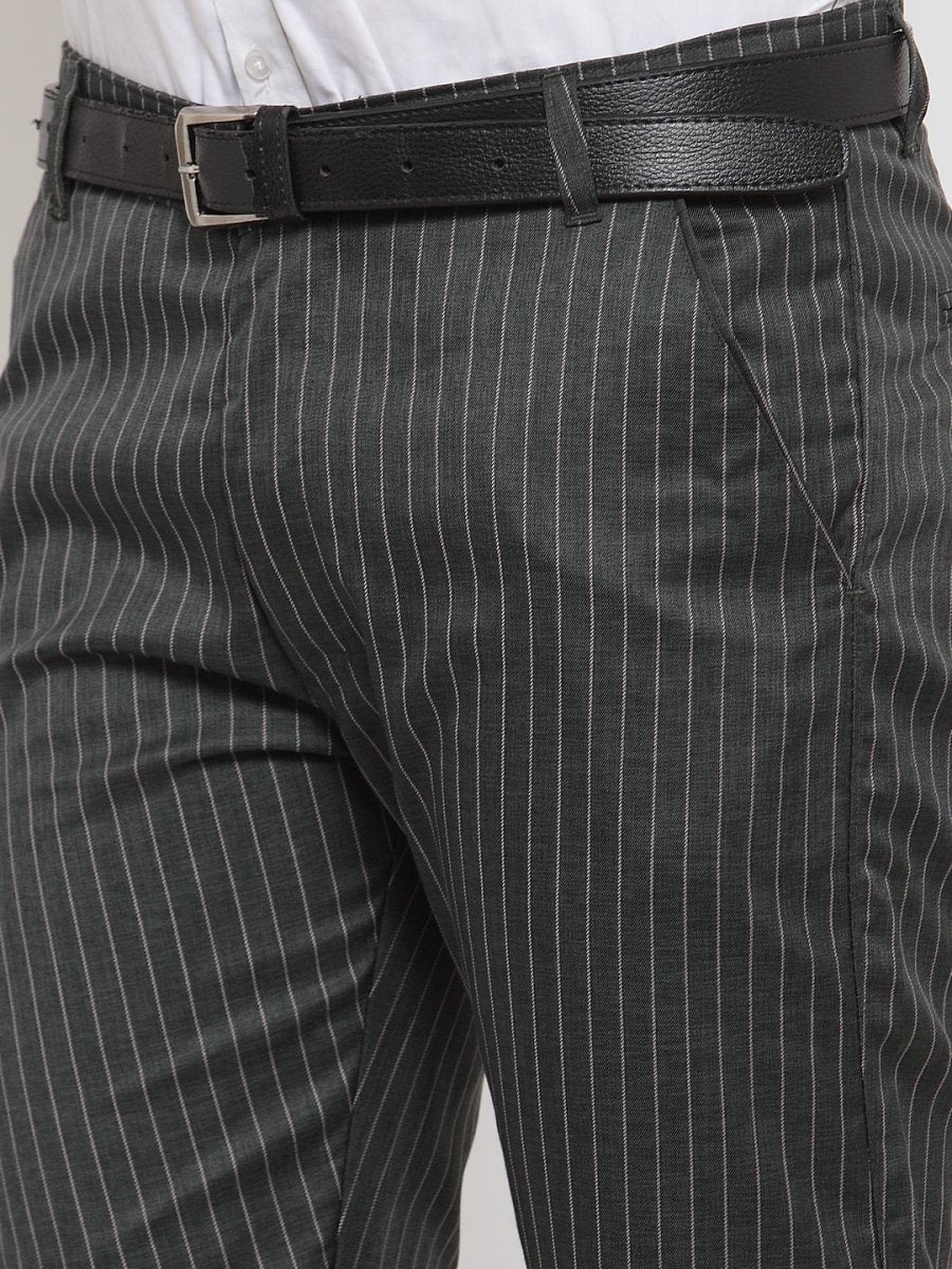 Indian Needle Men's Green Cotton Striped Formal Trousers - FGP_255Olive_30