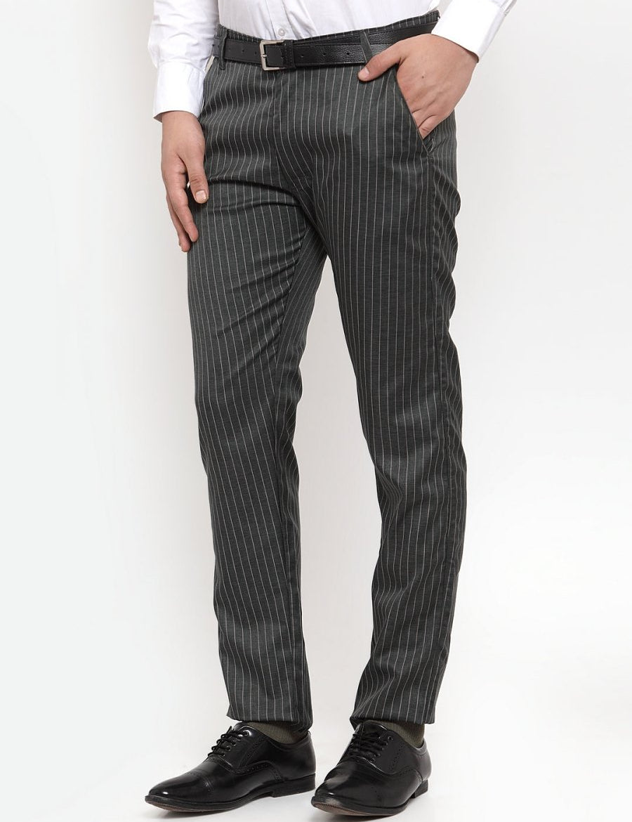 Indian Needle Men's Green Cotton Striped Formal Trousers - FGP_255Olive_30