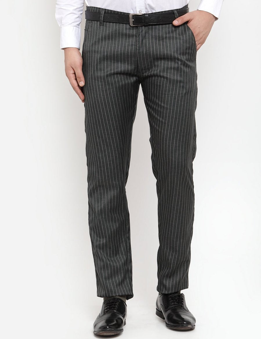 Indian Needle Men's Green Cotton Striped Formal Trousers - FGP_255Olive_30