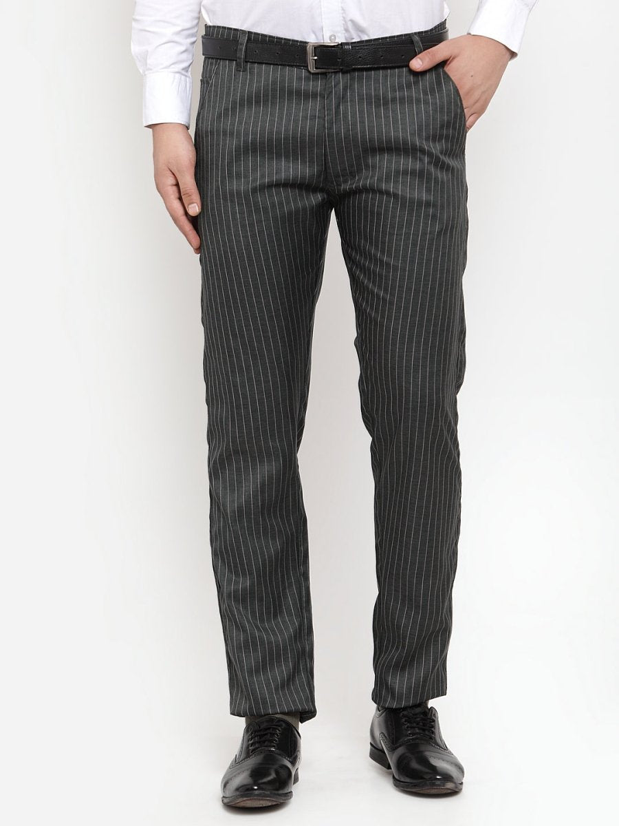 Indian Needle Men's Green Cotton Striped Formal Trousers - FGP_255Olive_30