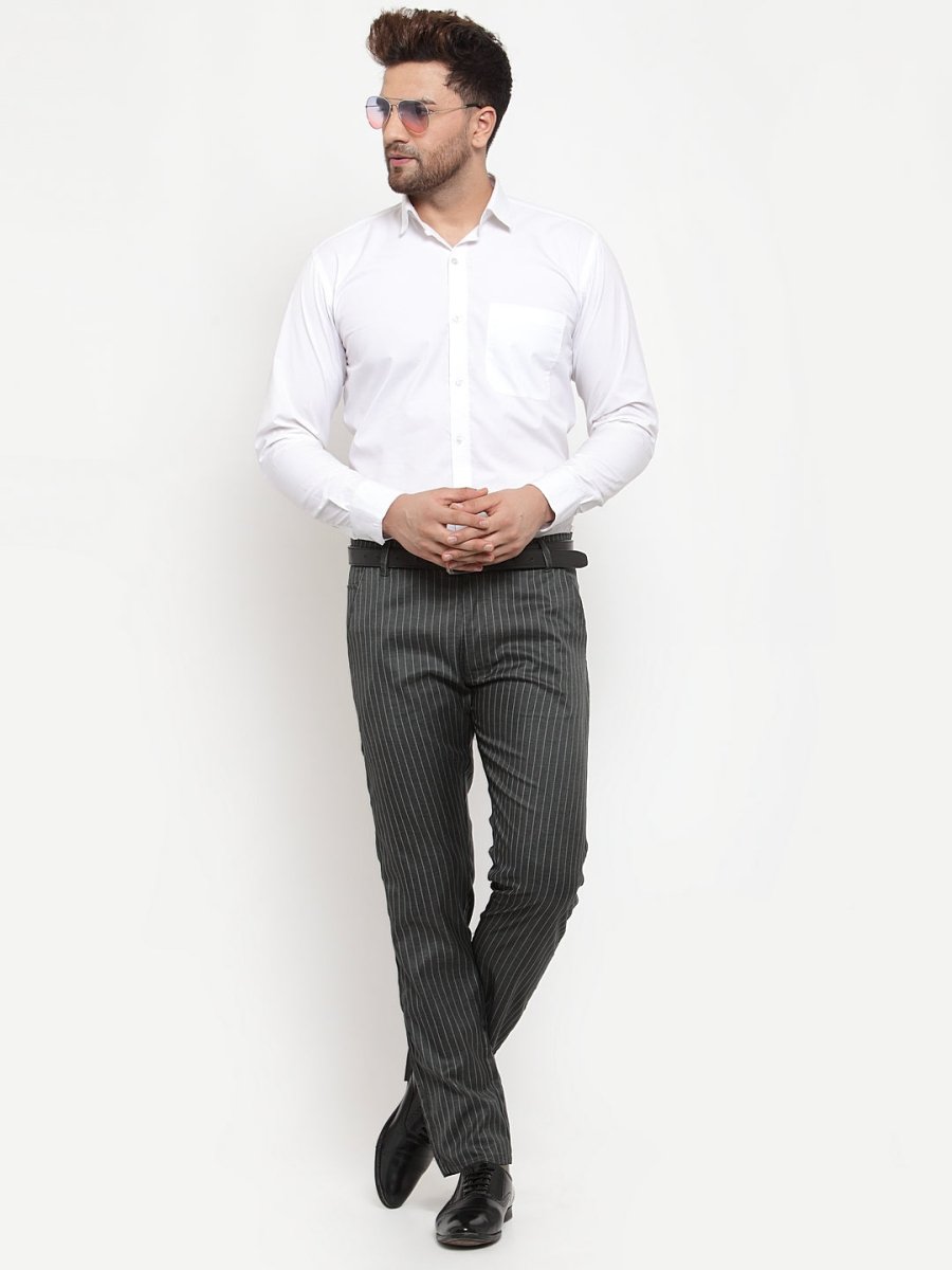 Indian Needle Men's Green Cotton Striped Formal Trousers - FGP_255Olive_30