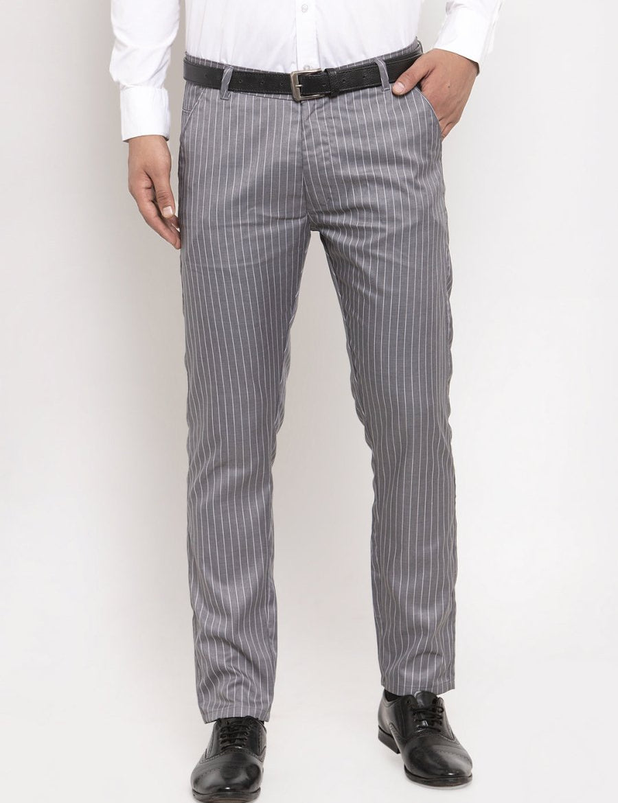 Indian Needle Men's Grey Cotton Striped Formal Trousers - FGP_255Grey_30