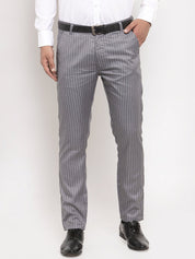 Indian Needle Men's Grey Cotton Striped Formal Trousers - FGP_255Grey_30