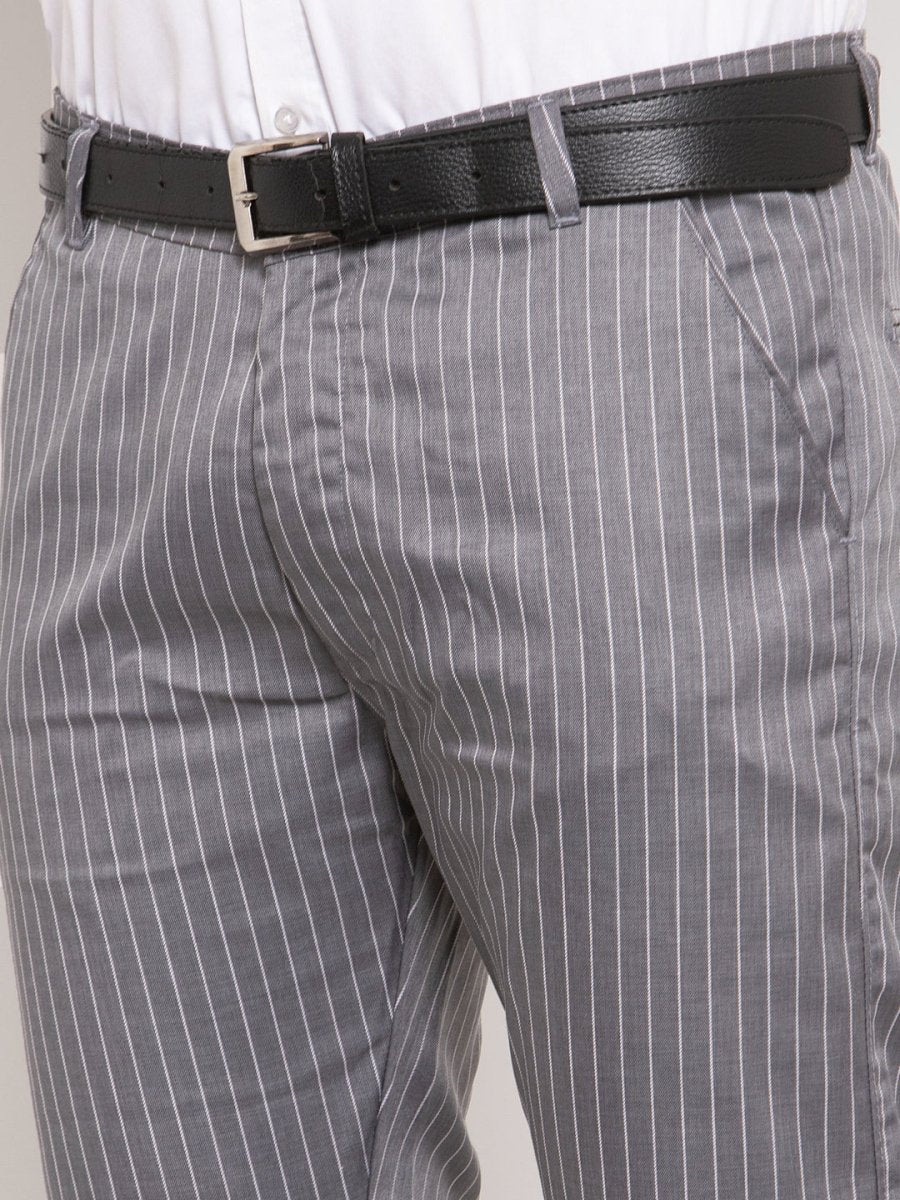 Indian Needle Men's Grey Cotton Striped Formal Trousers - FGP_255Grey_30
