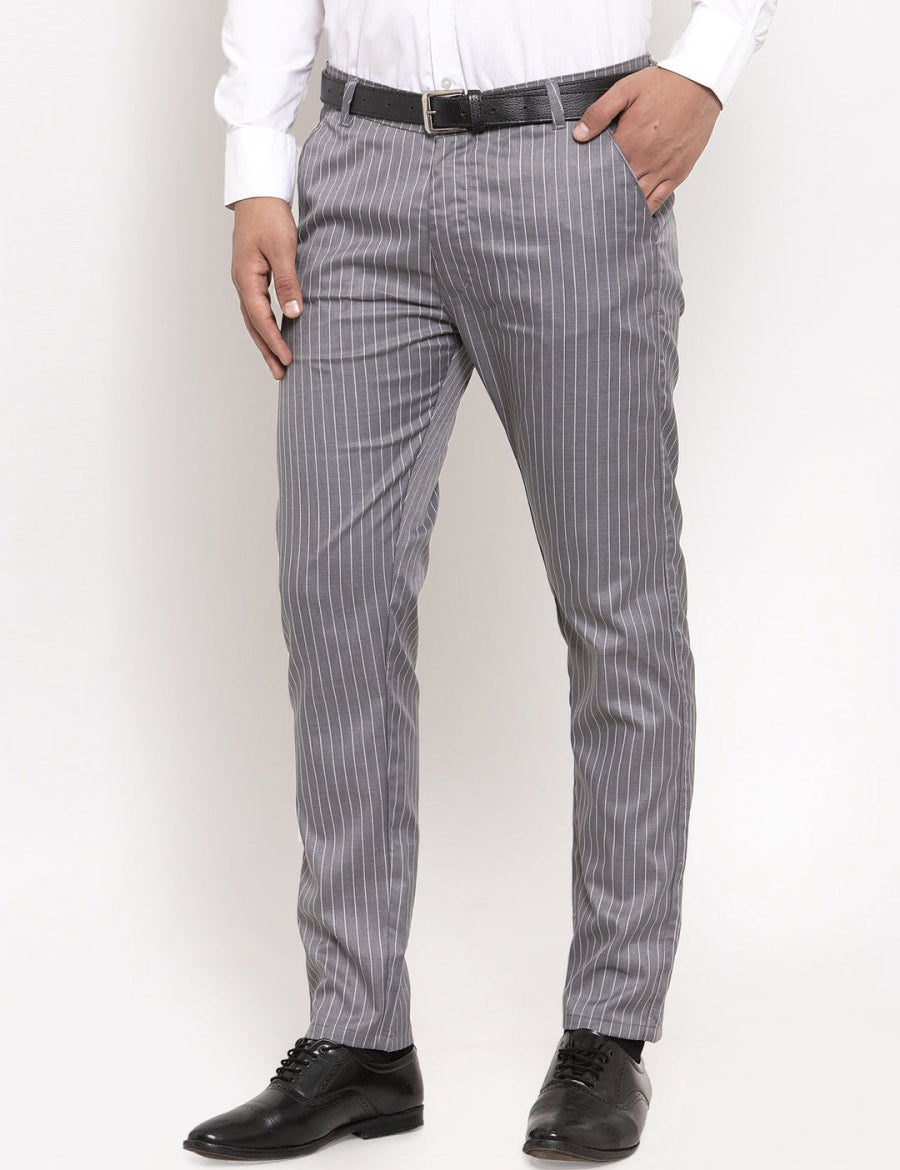 Indian Needle Men's Grey Cotton Striped Formal Trousers - FGP_255Grey_30