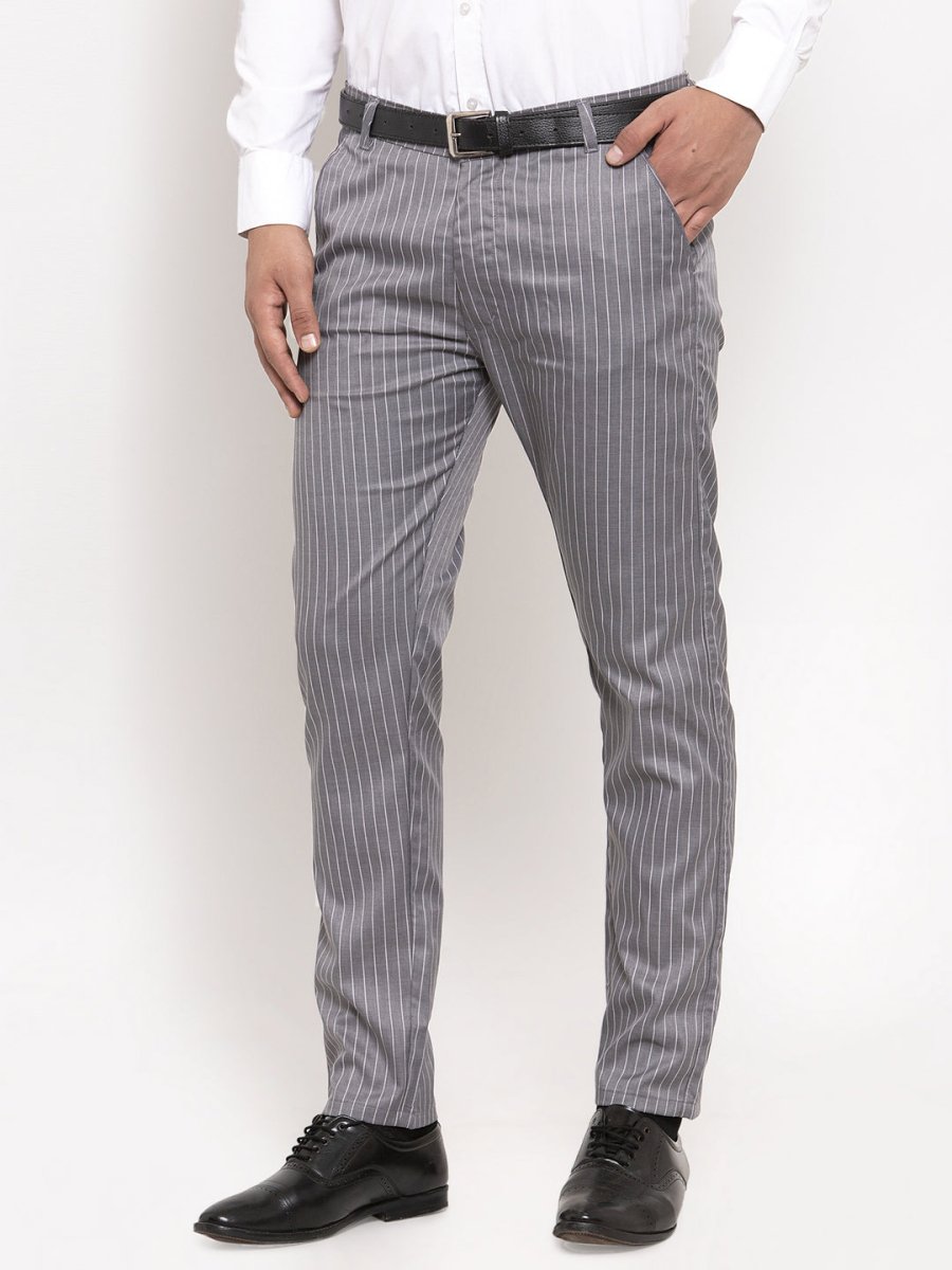 Indian Needle Men's Grey Cotton Striped Formal Trousers - FGP_255Grey_30