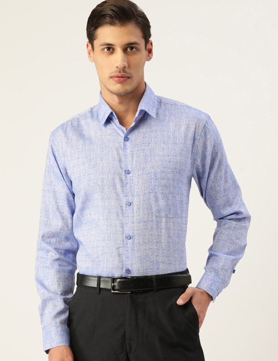 Indian Needle Men's Linen Cotton Polka Dots Formal Shirts - SF_794Blue_S