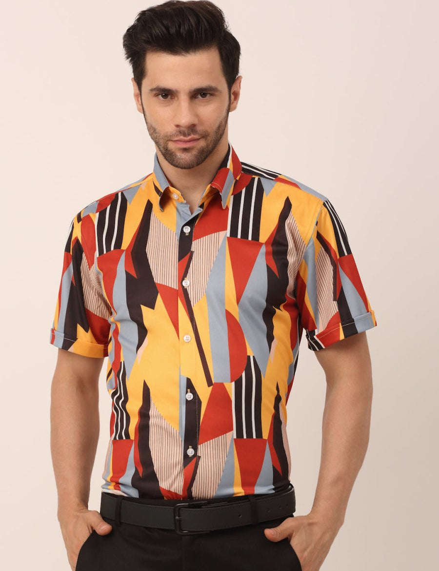 Indian Needle Men's Lycra Printed Half Sleeve Formal Shirts - SF_814Yellow_S