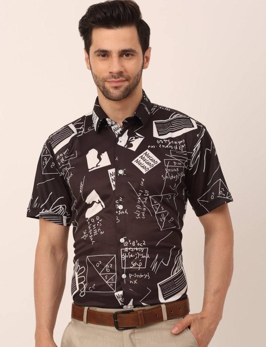 Indian Needle Men's Lycra Printed Half Sleeve Formal Shirts - SF_813Black_S