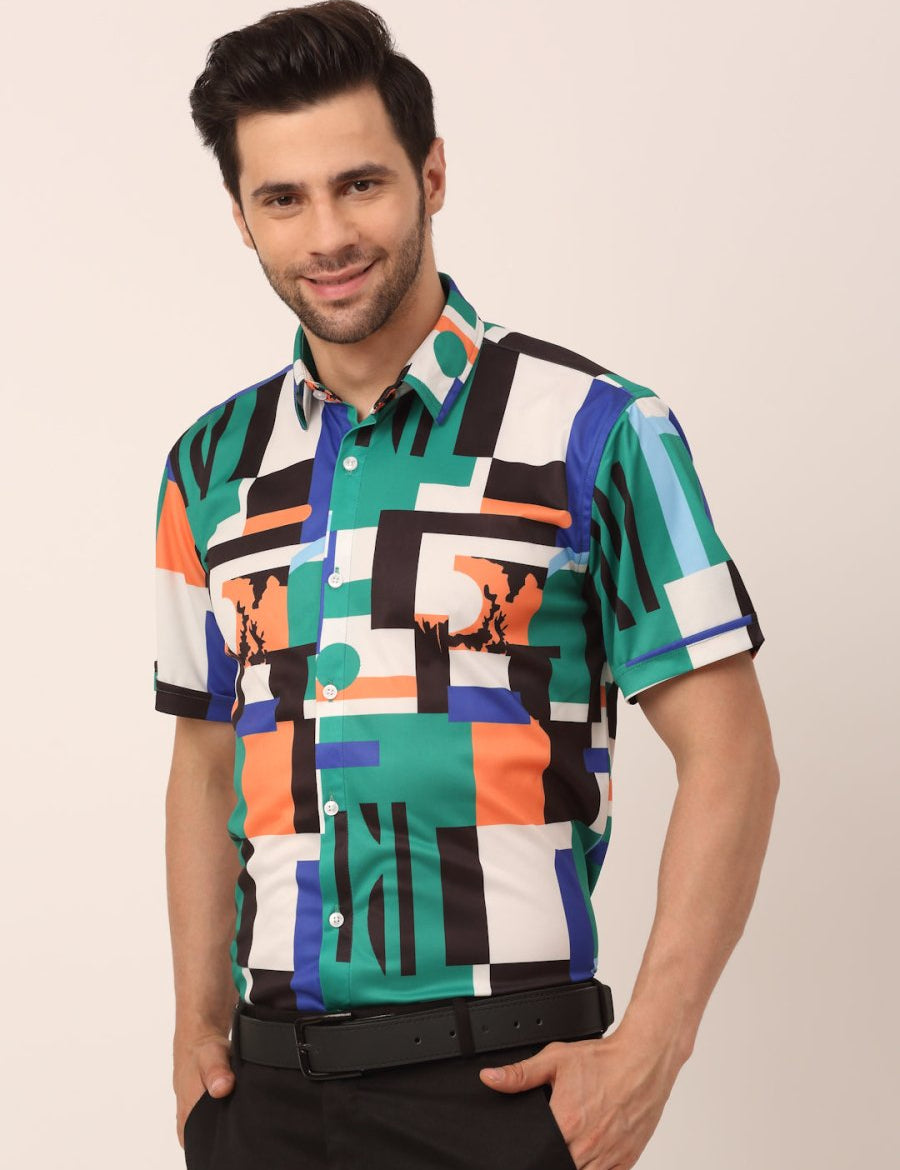 Indian Needle Men's Lycra Printed Half Sleeve Formal Shirts - SF_814Green_S