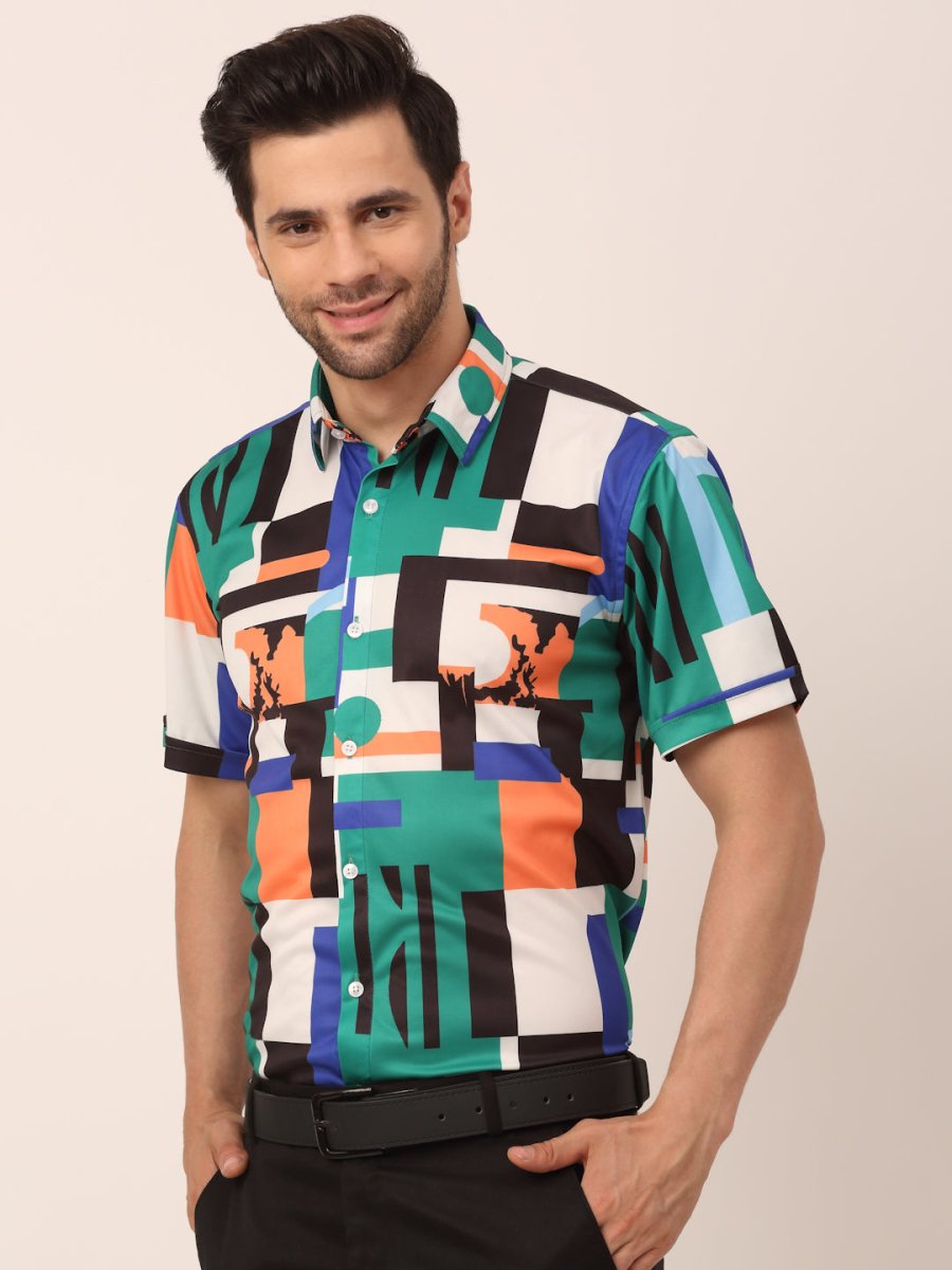 Indian Needle Men's Lycra Printed Half Sleeve Formal Shirts - SF_814Green_S