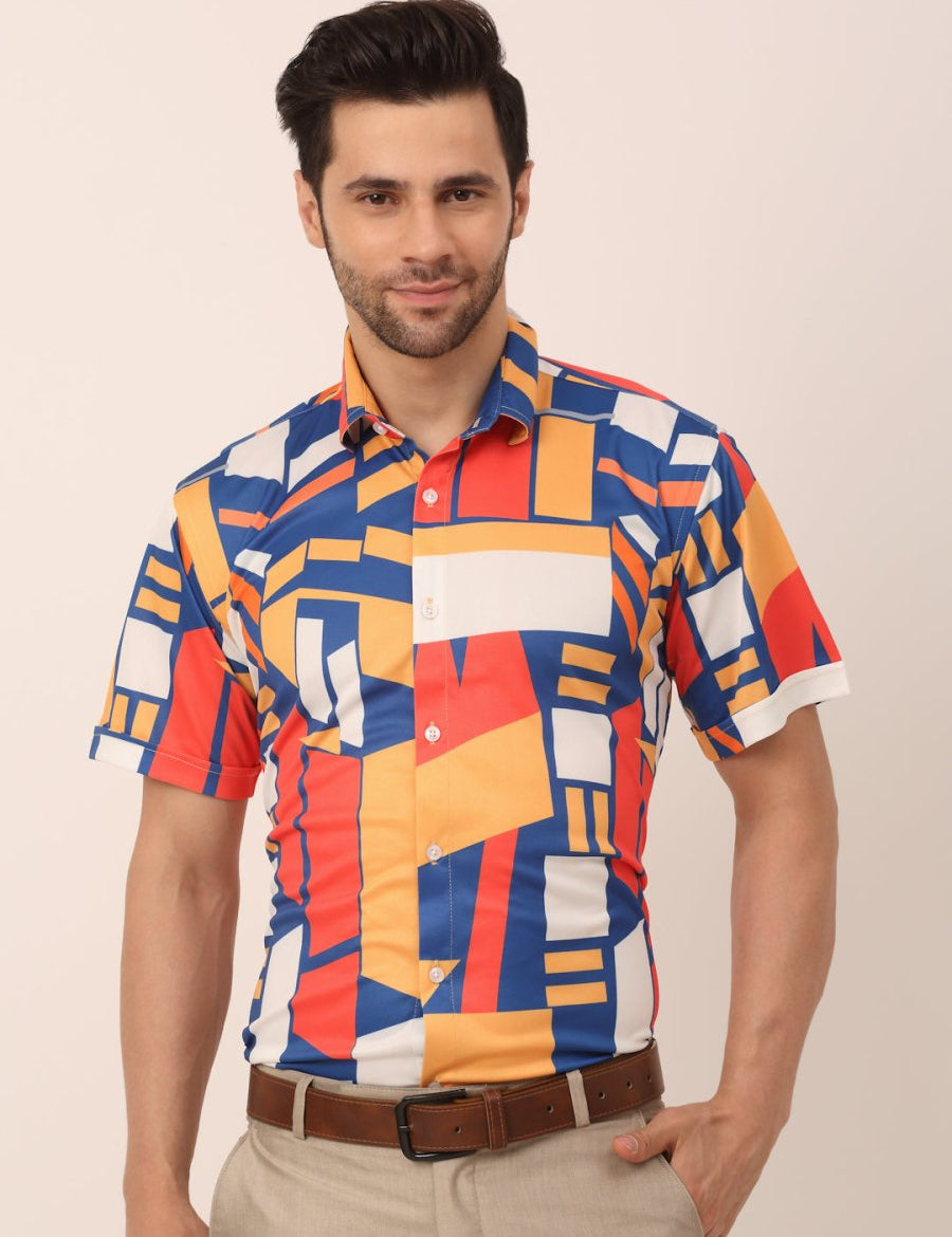 Indian Needle Men's Lycra Printed Half Sleeve Formal Shirts - SF_814Navy_S