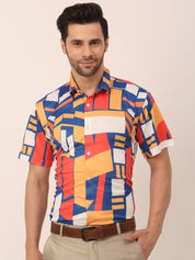 Indian Needle Men's Lycra Printed Half Sleeve Formal Shirts - SF_814Navy_S