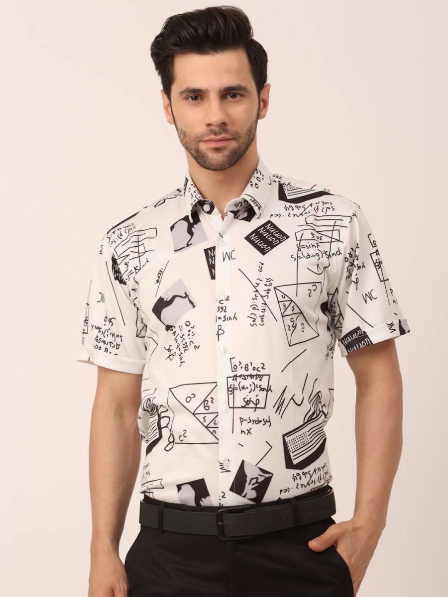 Indian Needle Men's Lycra Printed Half Sleeve Formal Shirts - SF_813White_S