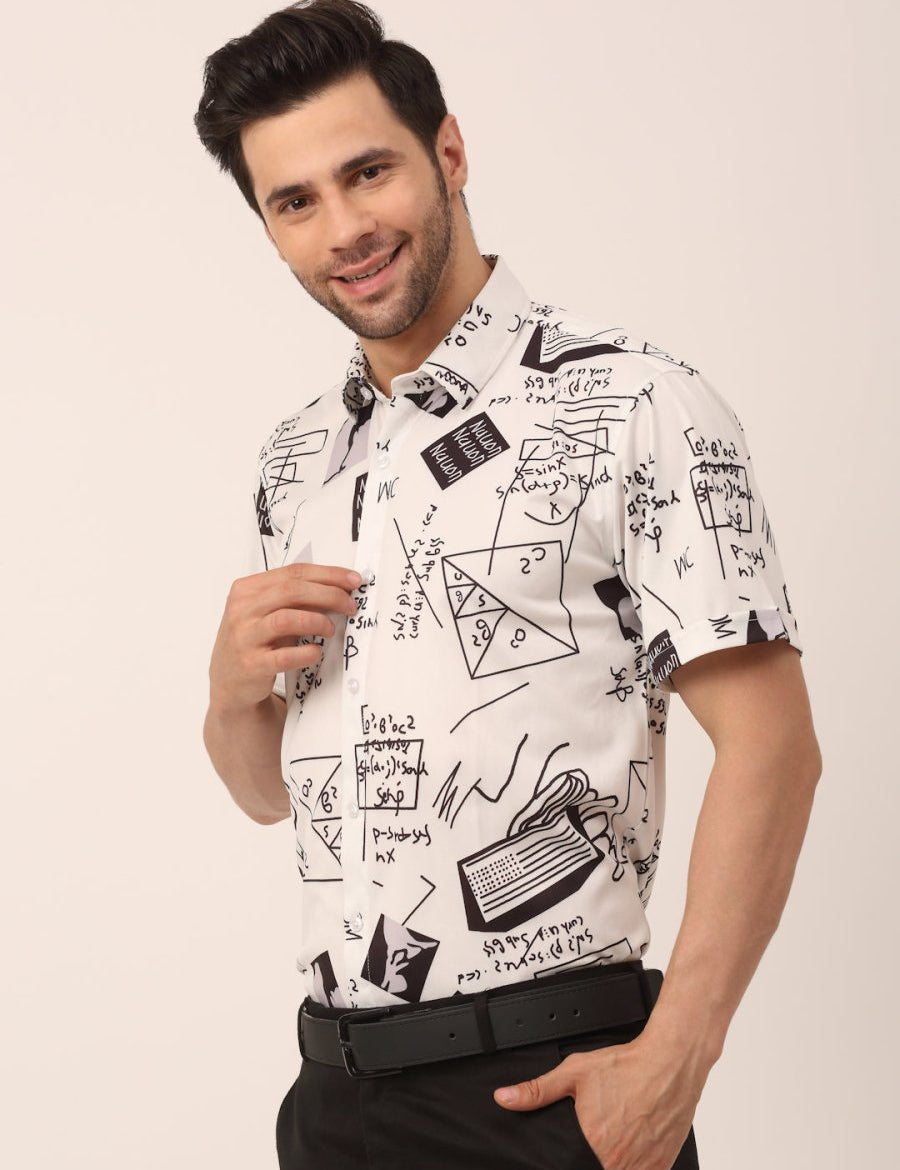 Indian Needle Men's Lycra Printed Half Sleeve Formal Shirts - SF_813White_S