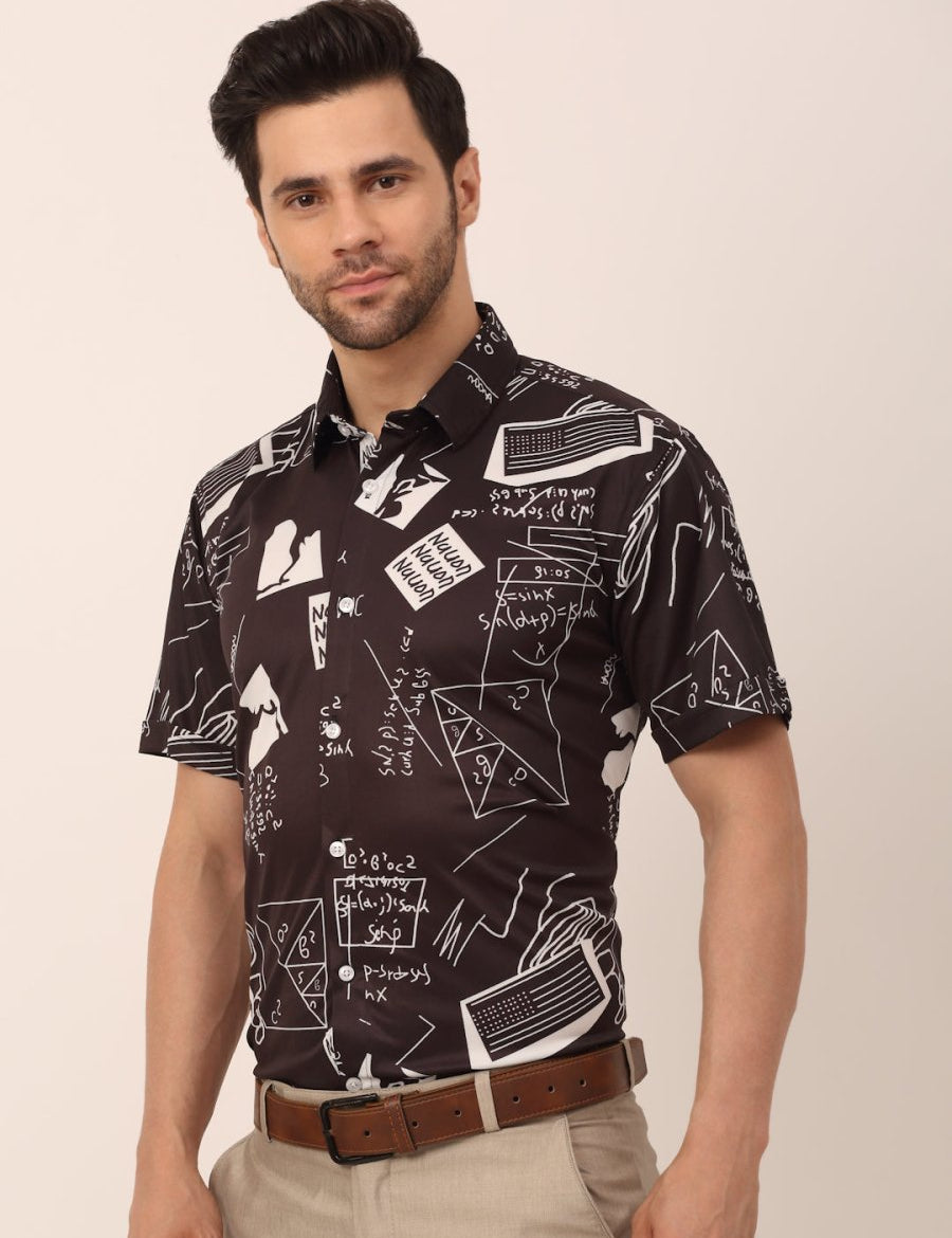 Indian Needle Men's Lycra Printed Half Sleeve Formal Shirts - SF_813Black_S