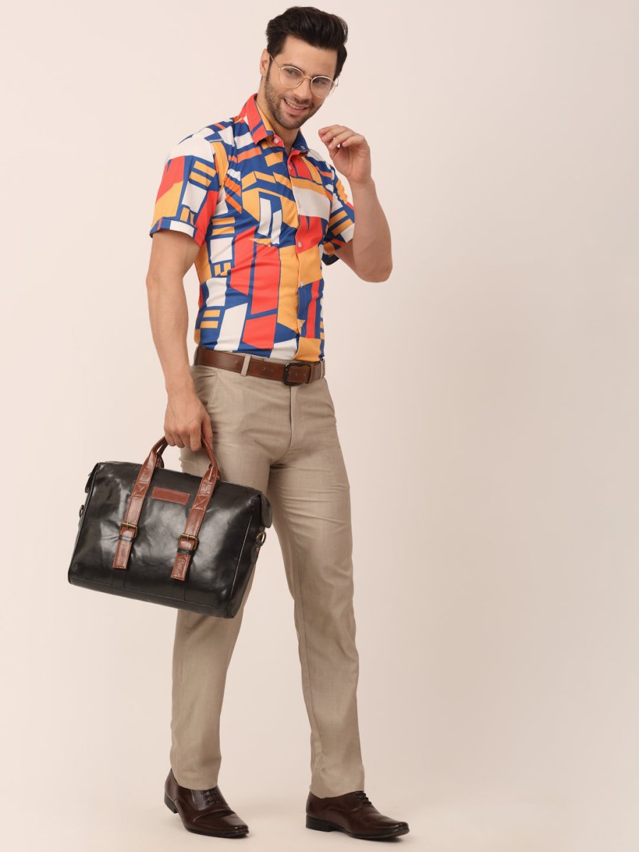 Indian Needle Men's Lycra Printed Half Sleeve Formal Shirts - SF_814Navy_S