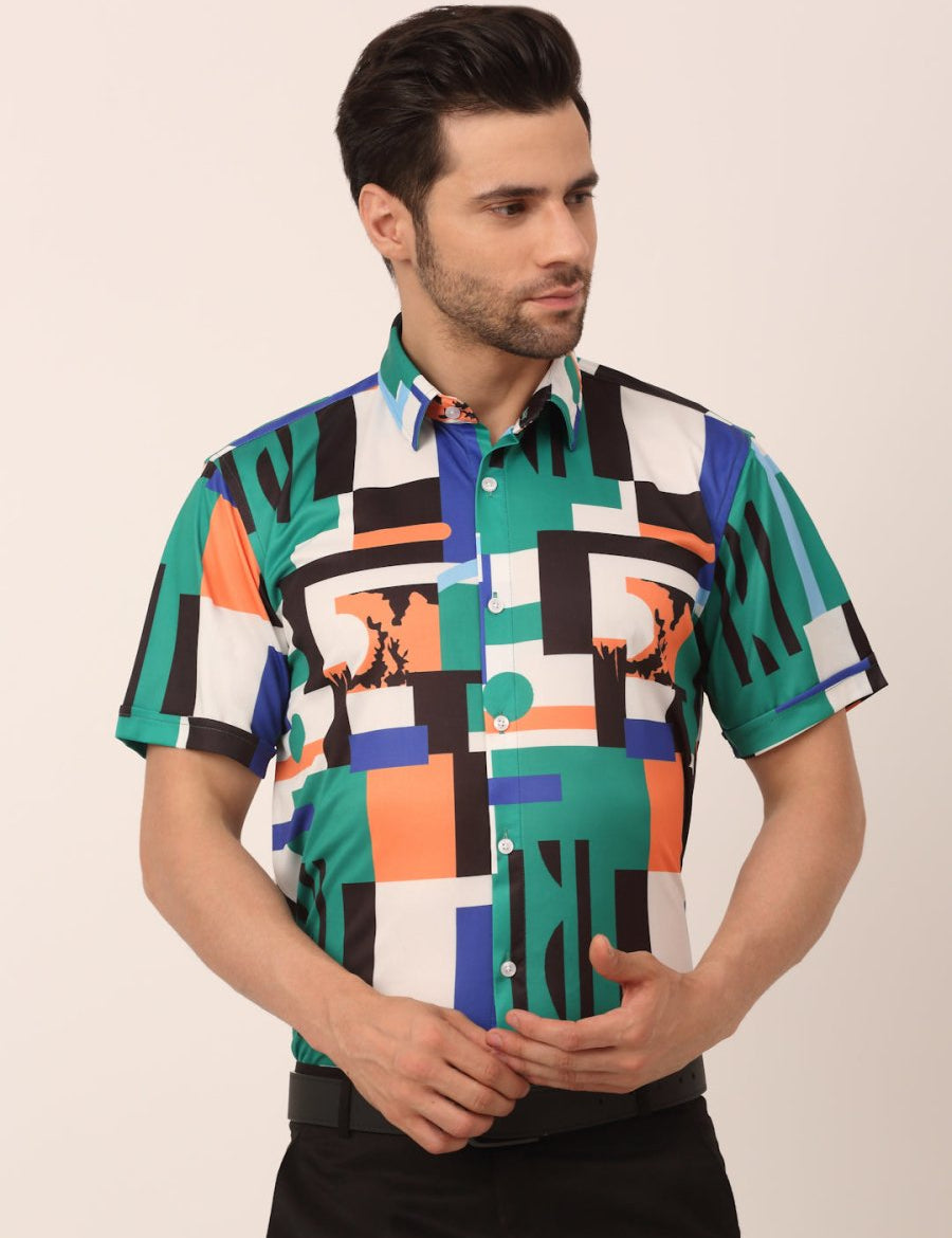 Indian Needle Men's Lycra Printed Half Sleeve Formal Shirts - SF_814Green_S