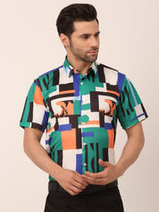 Indian Needle Men's Lycra Printed Half Sleeve Formal Shirts - SF_814Green_S