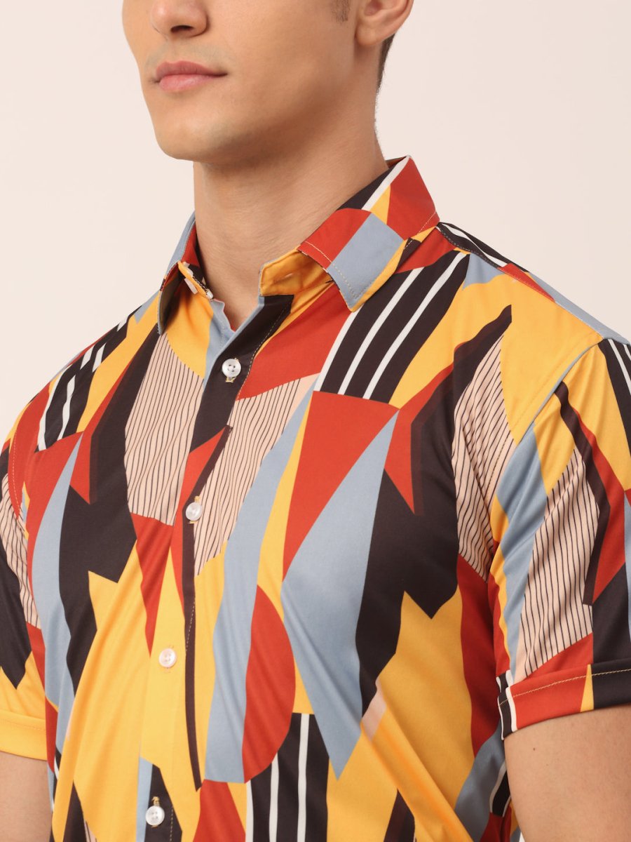 Indian Needle Men's Lycra Printed Half Sleeve Formal Shirts - SF_814Yellow_S
