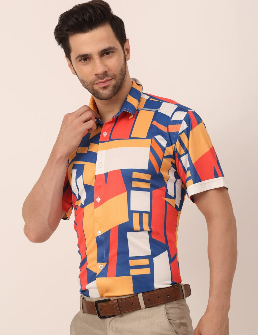 Indian Needle Men's Lycra Printed Half Sleeve Formal Shirts - SF_814Navy_S