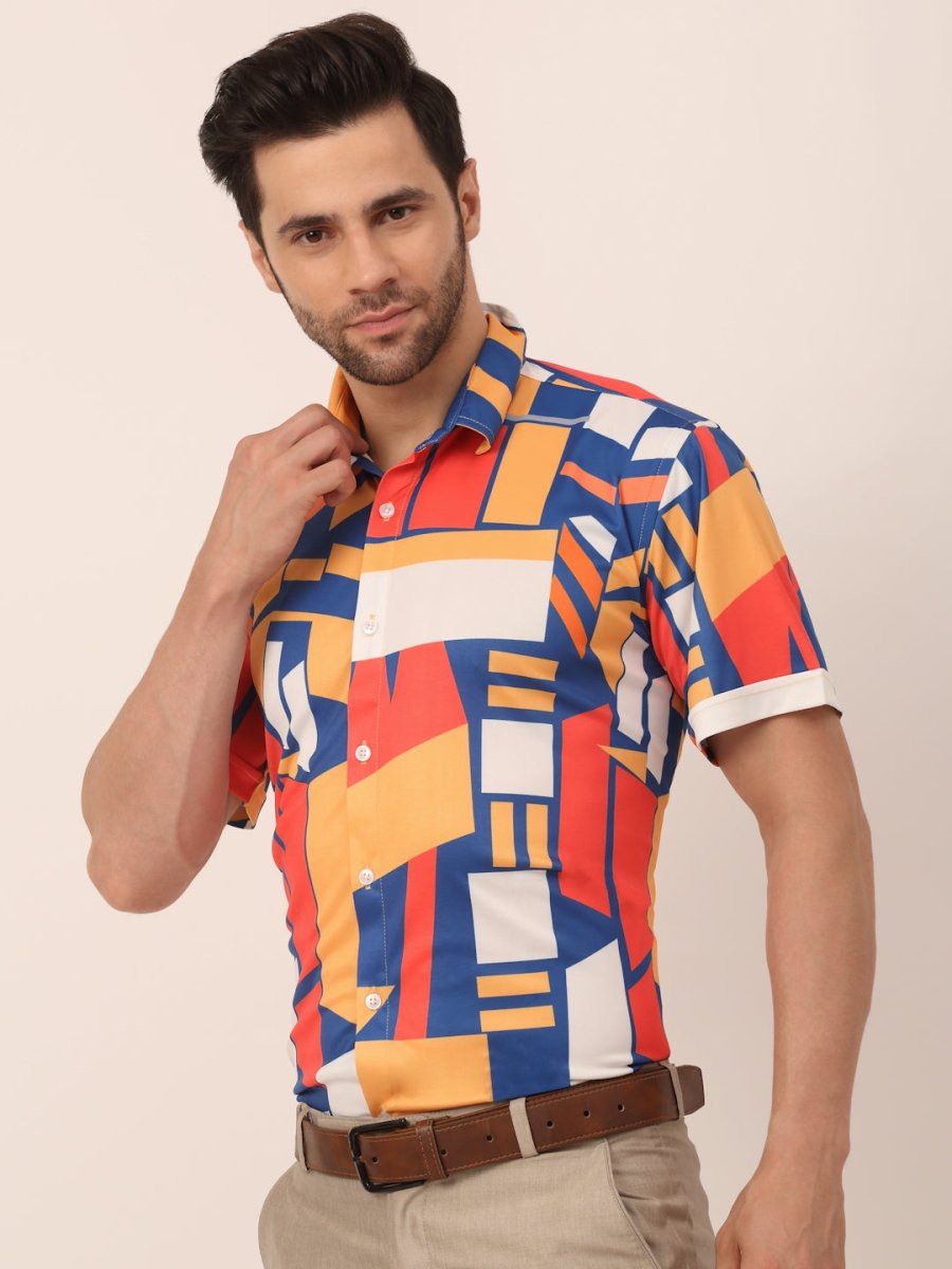 Indian Needle Men's Lycra Printed Half Sleeve Formal Shirts - SF_814Navy_S