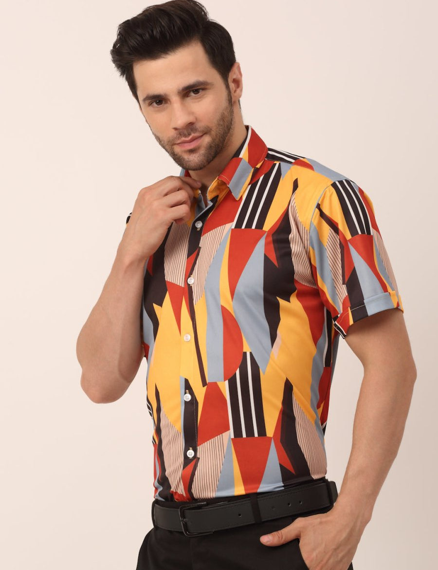 Indian Needle Men's Lycra Printed Half Sleeve Formal Shirts - SF_814Yellow_S