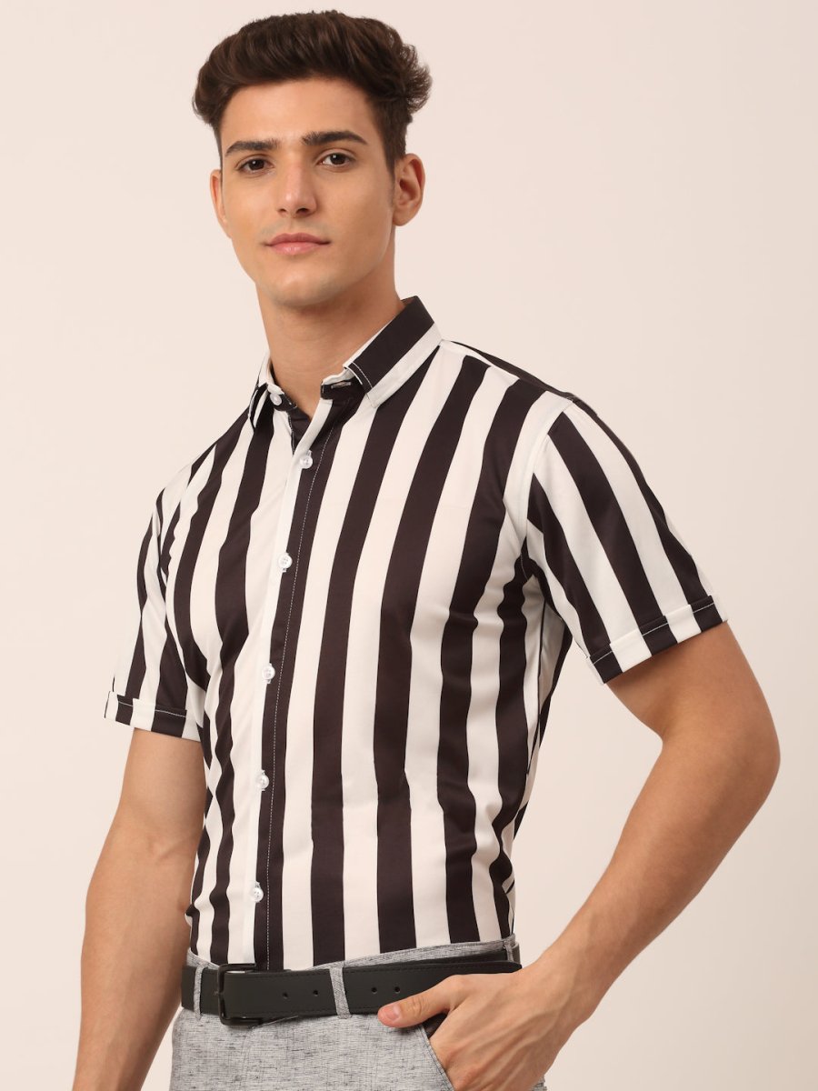 Indian Needle Men's Lycra Striped Half Sleeve Formal Shirts - SF_812White_S