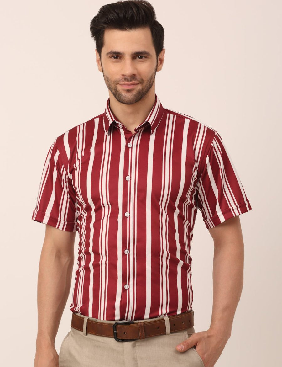 Indian Needle Men's Lycra Striped Half Sleeve Formal Shirts - SF_812Maroon_S