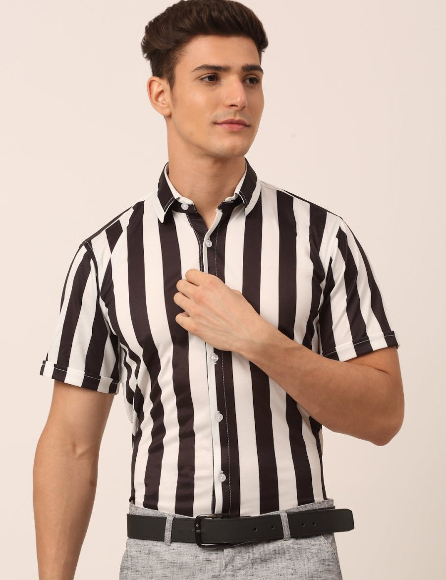 Indian Needle Men's Lycra Striped Half Sleeve Formal Shirts - SF_812White_S