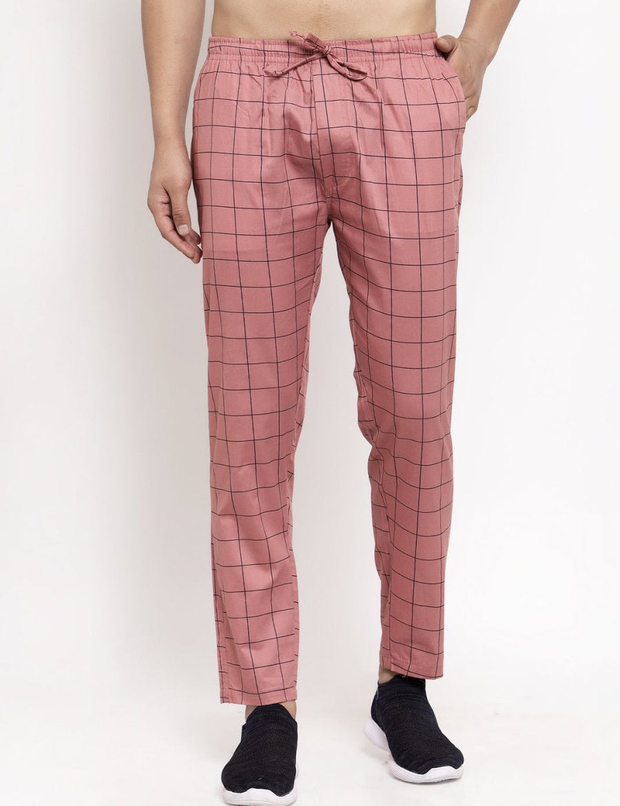 Indian Needle Men's Peach Checked Cotton Track Pants - JOG_012Peach_28