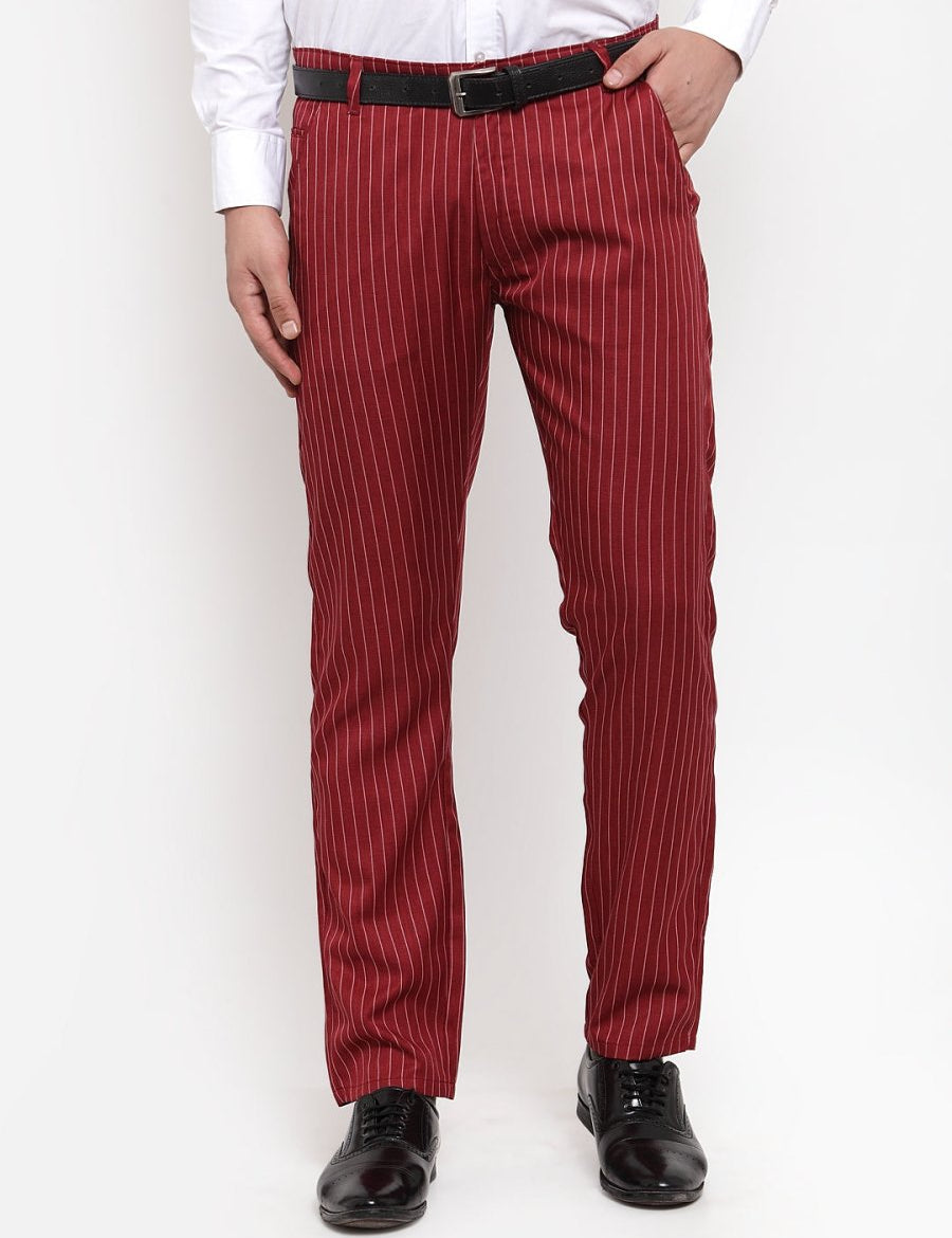 Indian Needle Men's Red Cotton Striped Formal Trousers - FGP_255Maroon_30