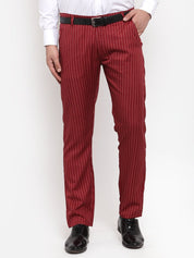 Indian Needle Men's Red Cotton Striped Formal Trousers - FGP_255Maroon_30