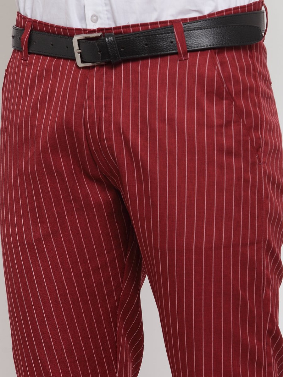 Indian Needle Men's Red Cotton Striped Formal Trousers - FGP_255Maroon_30