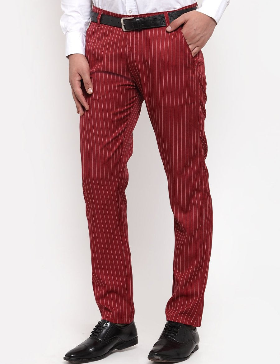 Indian Needle Men's Red Cotton Striped Formal Trousers - FGP_255Maroon_30