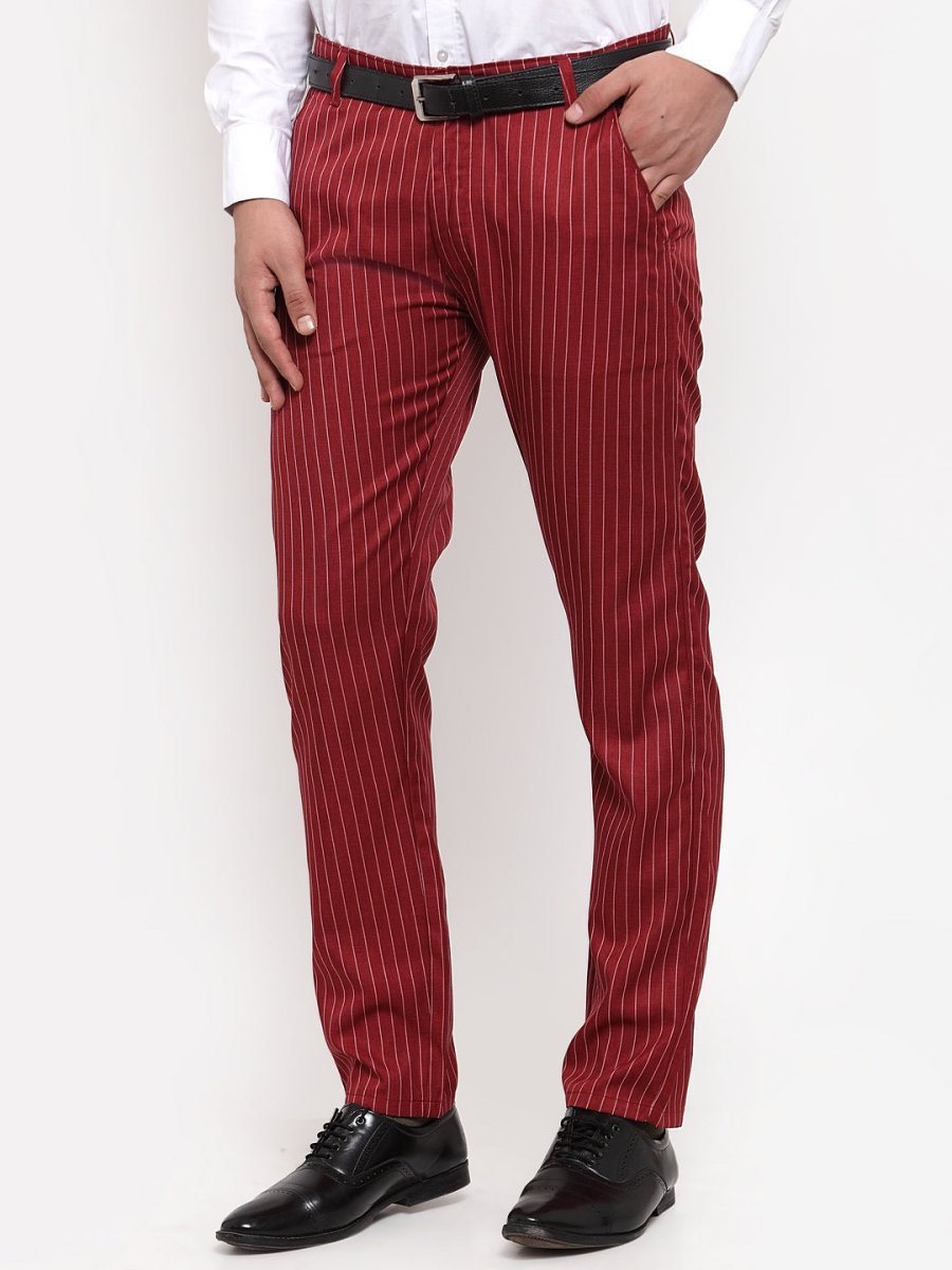 Indian Needle Men's Red Cotton Striped Formal Trousers - FGP_255Maroon_30