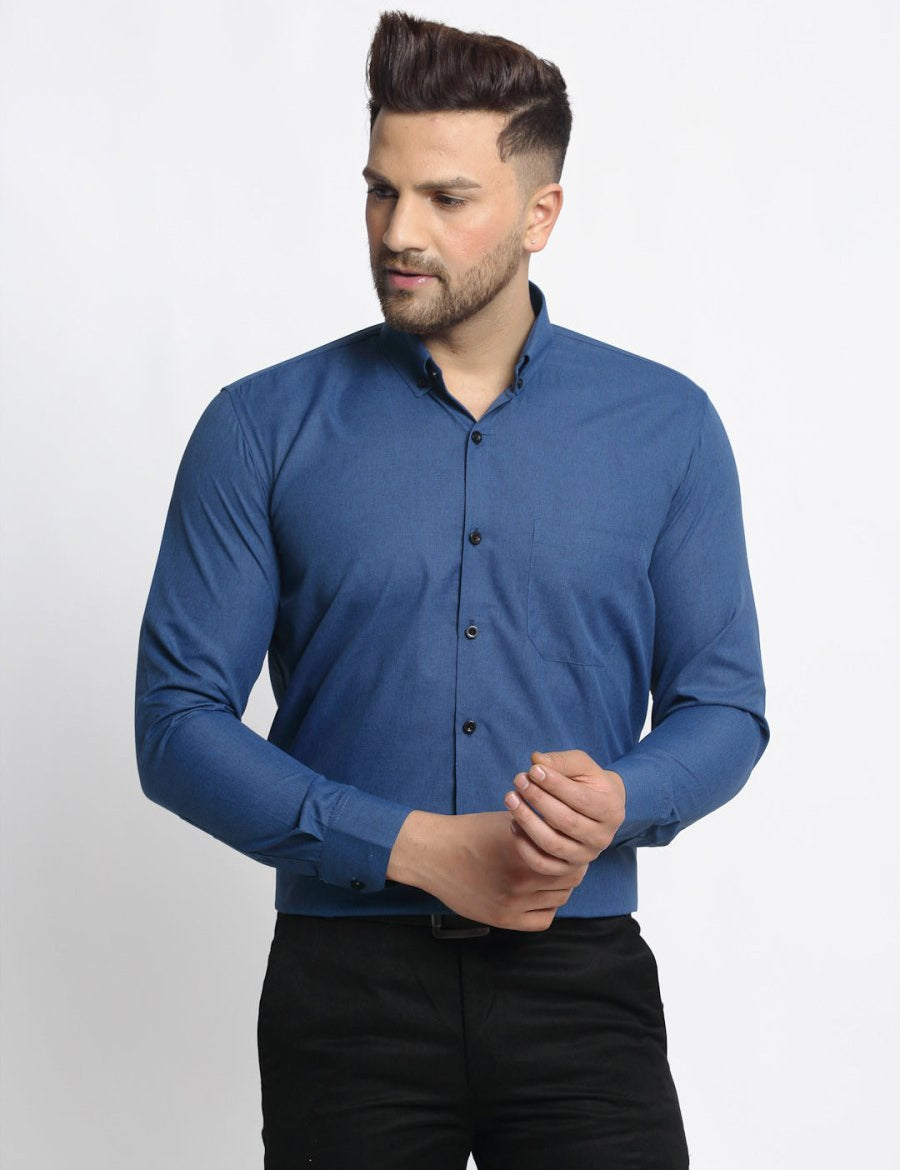 Indian Needle Navy Men's Cotton Solid Button Down Formal Shirts - SF_734Teal_S