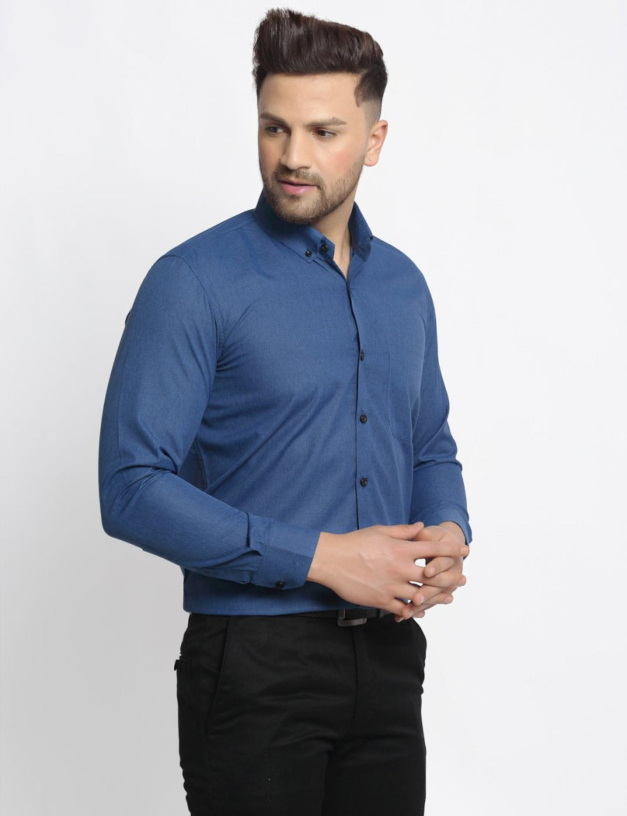 Indian Needle Navy Men's Cotton Solid Button Down Formal Shirts - SF_734Teal_S
