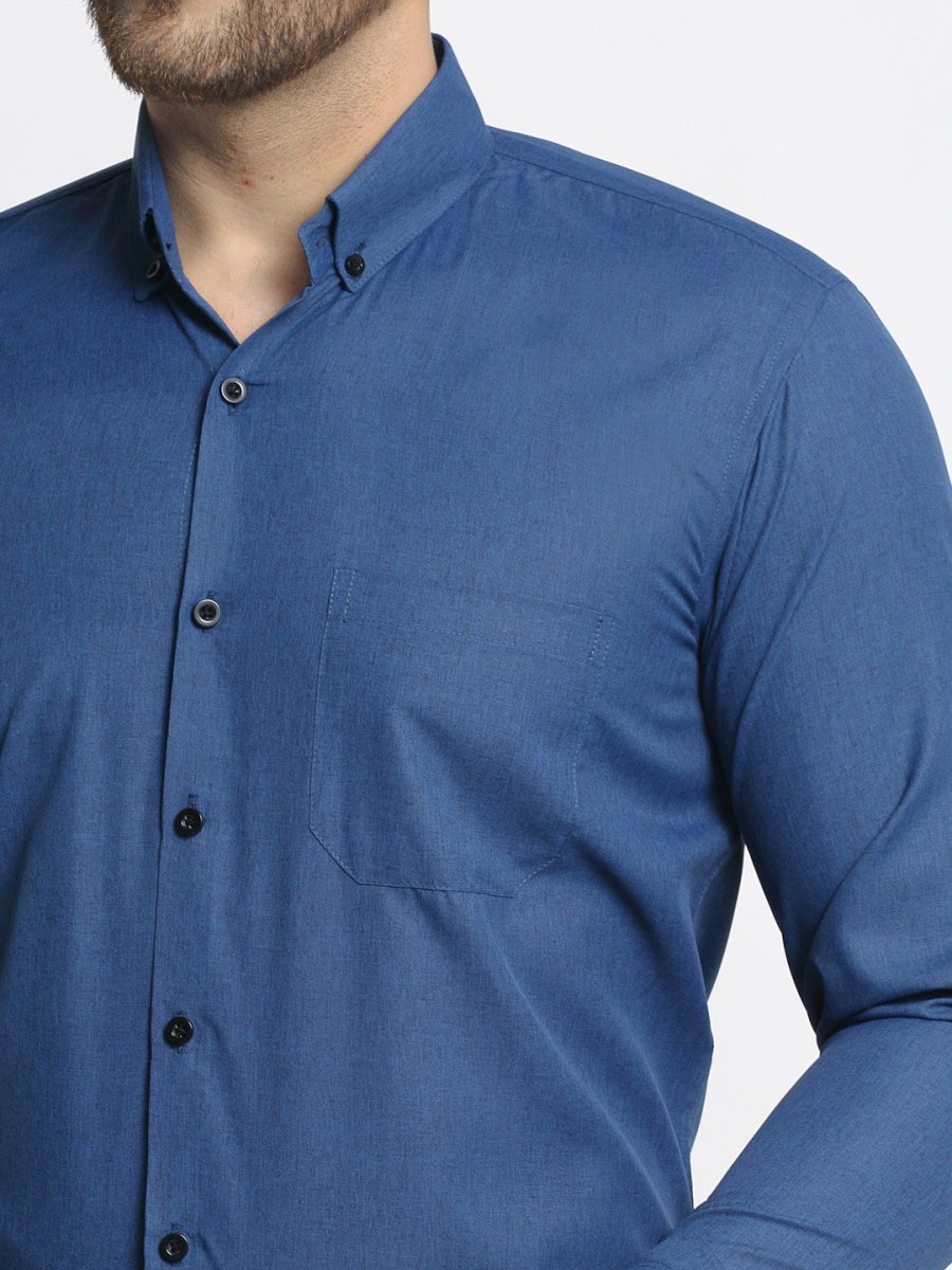 Indian Needle Navy Men's Cotton Solid Button Down Formal Shirts - SF_734Teal_S
