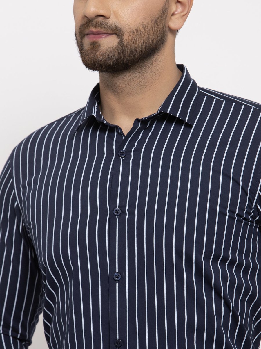 Indian Needle Navy Men's Cotton Striped Formal Shirt's - SF_770Navy_S