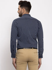 Indian Needle Navy Men's Cotton Striped Formal Shirt's - SF_770Navy_S