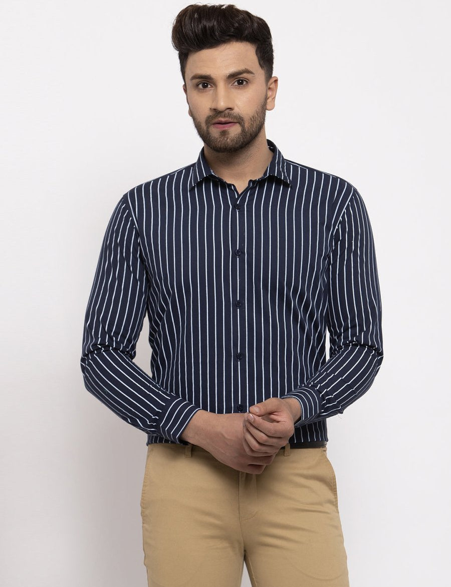 Indian Needle Navy Men's Cotton Striped Formal Shirt's - SF_770Navy_S