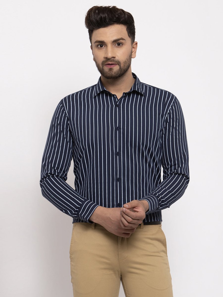 Indian Needle Navy Men's Cotton Striped Formal Shirt's - SF_770Navy_S
